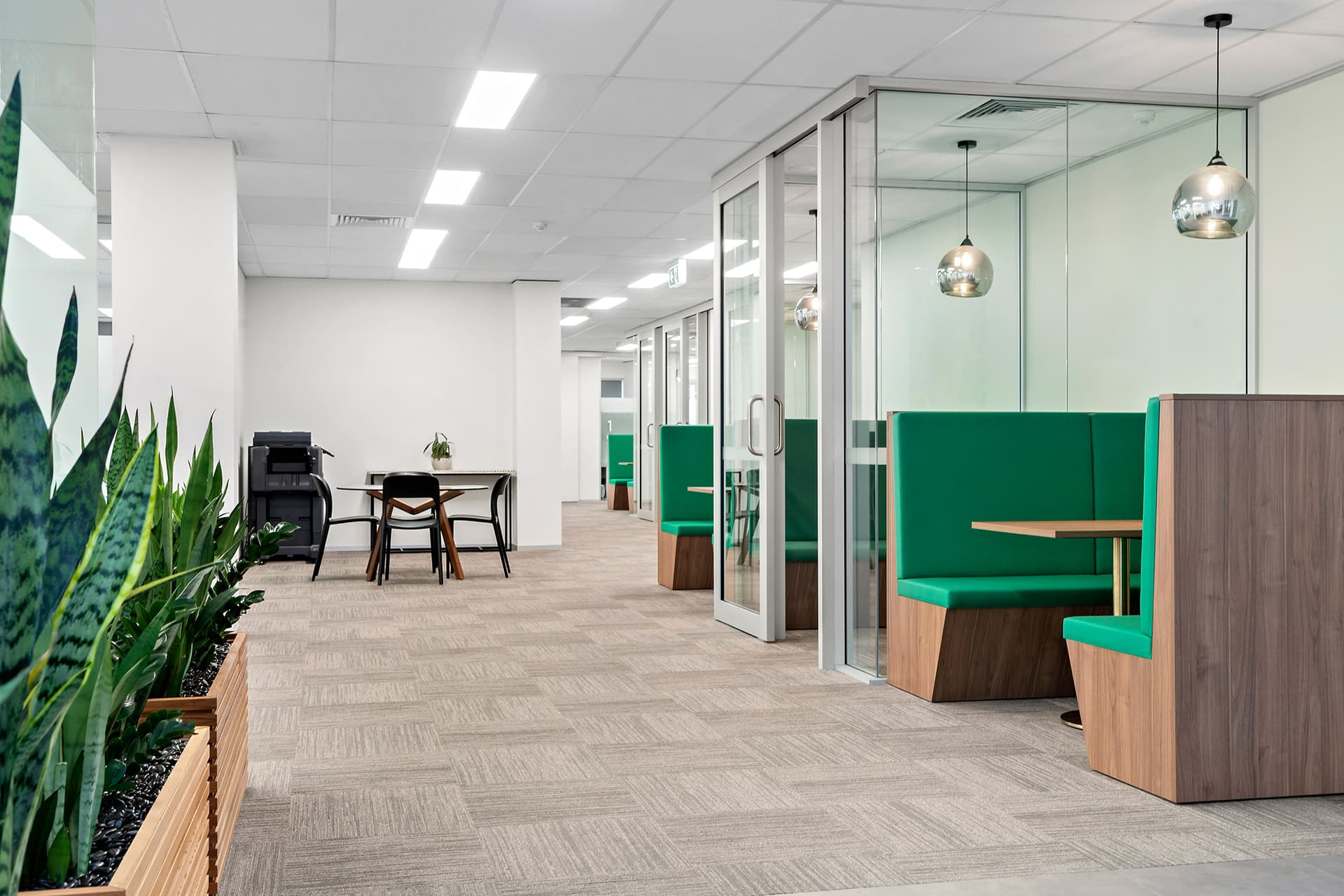 Bright, modern office space featuring green booth seating separated by glass walls, neutral carpet, and a planter box filled with snake plants. The space includes additional tables and chairs, creating a functional and inviting work environment.