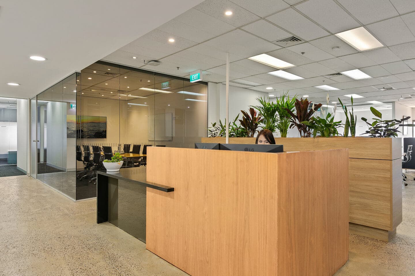 Office reception area with a wooden desk, a person seated behind it, and a meeting room visible through glass walls. Potted plants adorn the space, and contemporary office furniture is visible. Fluorescent lights brighten the room.
