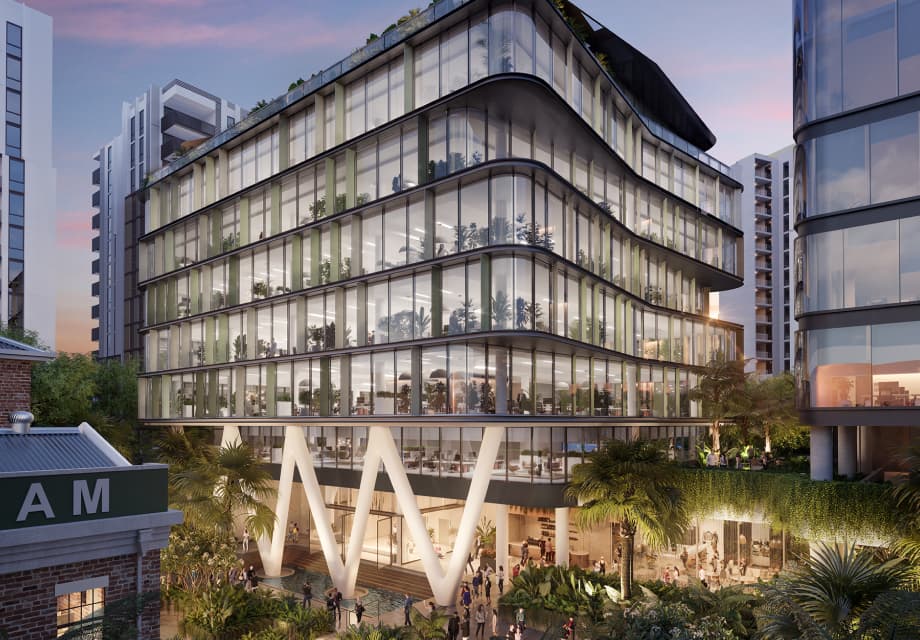 Modern multi-story office building with large glass windows and lush greenery on each floor. Offering prime office space share in Sydney, the structure features distinctive W-shaped supports at the entrance, surrounded by tropical plants, with other tall buildings silhouetted against the sunset backdrop.