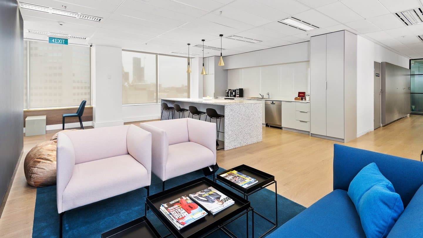 Workspace365 breakout room with kitchen on Level 15, at 330 Collins Street, Melbourne