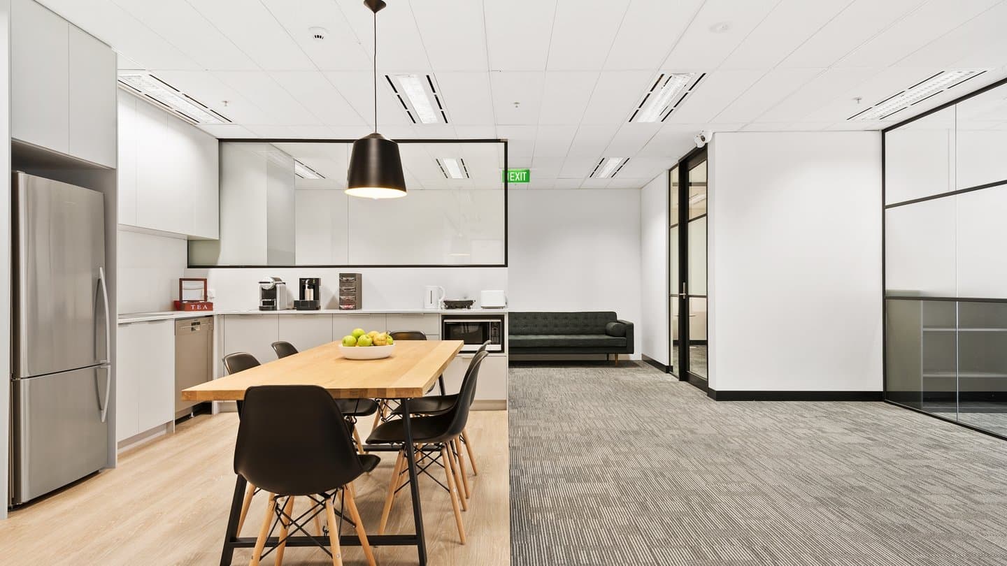 Breakout area and kitchen on Level 9, at 330 Collins Street, Melbourne