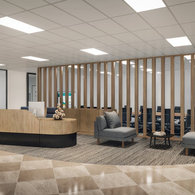 A 3D digital mockup of an office reception area