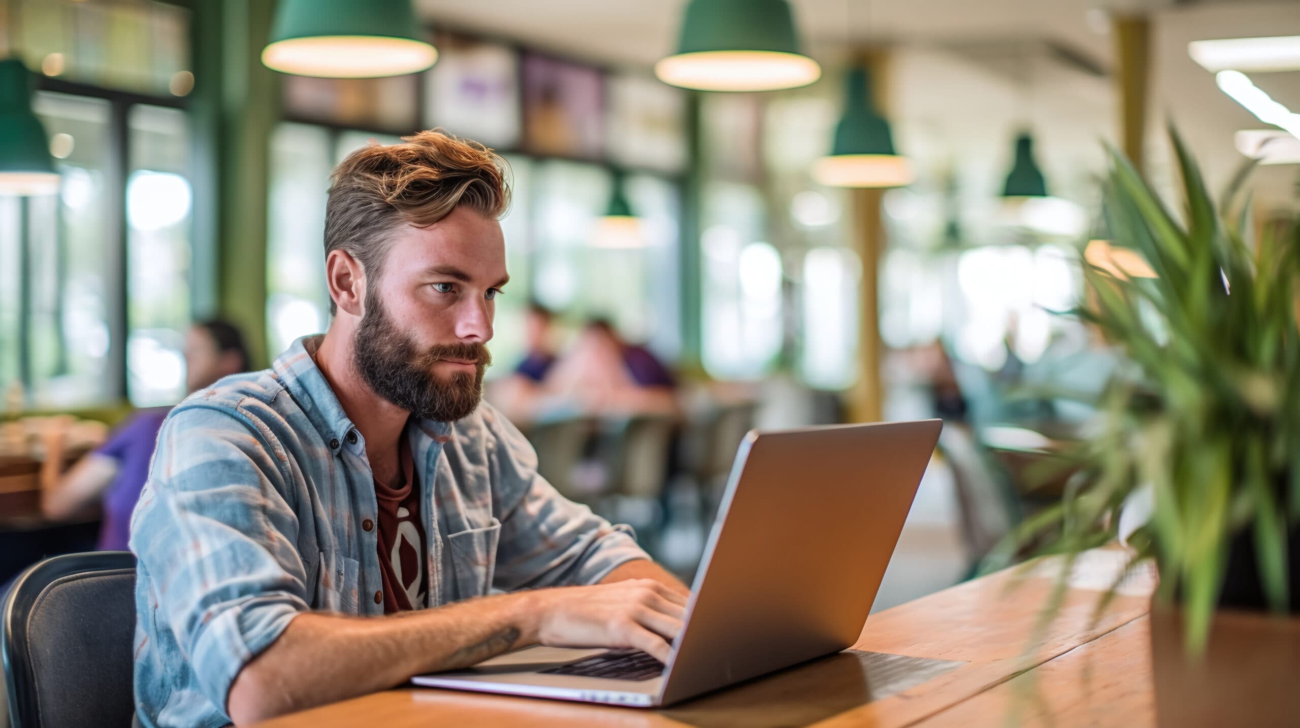 Young man working on laptop, boy freelancer or student with computer in cafe at table, looking in camera.