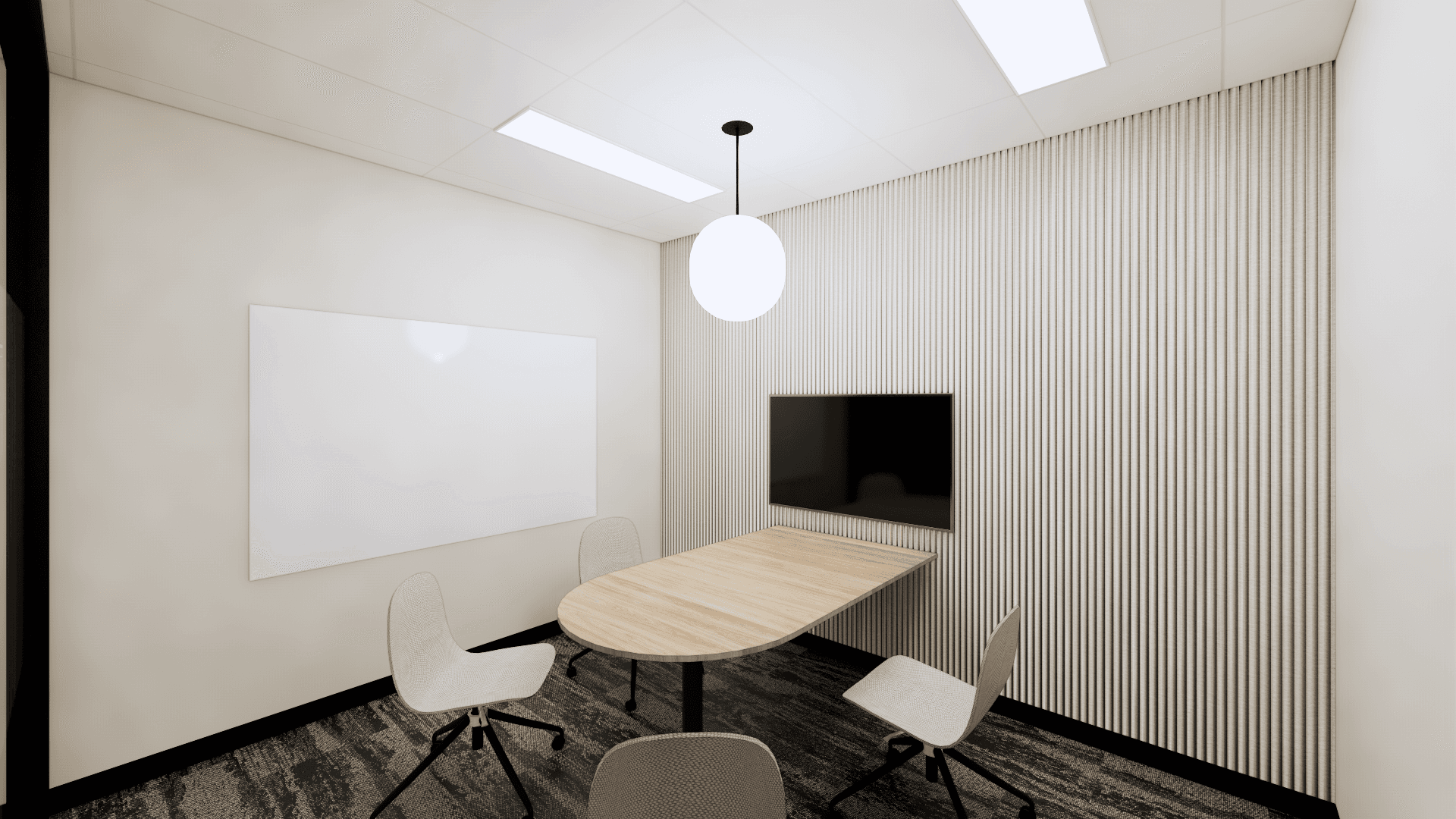 Meeting room with table, chairs, whiteboard, and wall-mounted TV. Modern, minimalist design.